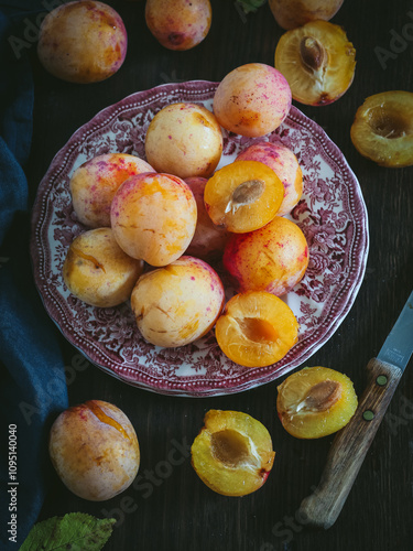 Home grown yellow and pink plums in a plate, top down view