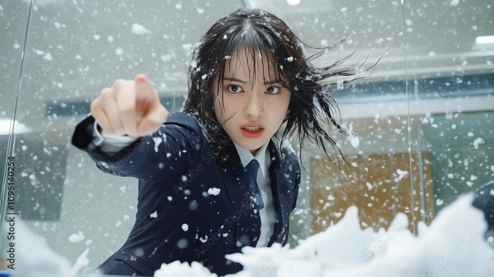 Asian woman in a navy office suit leading a virtual meeting in a glass-walled conference room, as snow falls heavily from the ceiling.her expression showing both frustration and focus. Asian woman in a navy office suit leading a virtual meeting in a glass-walled conference room, as snow falls heavily from the ceiling.her expression showing both frustration and focus.