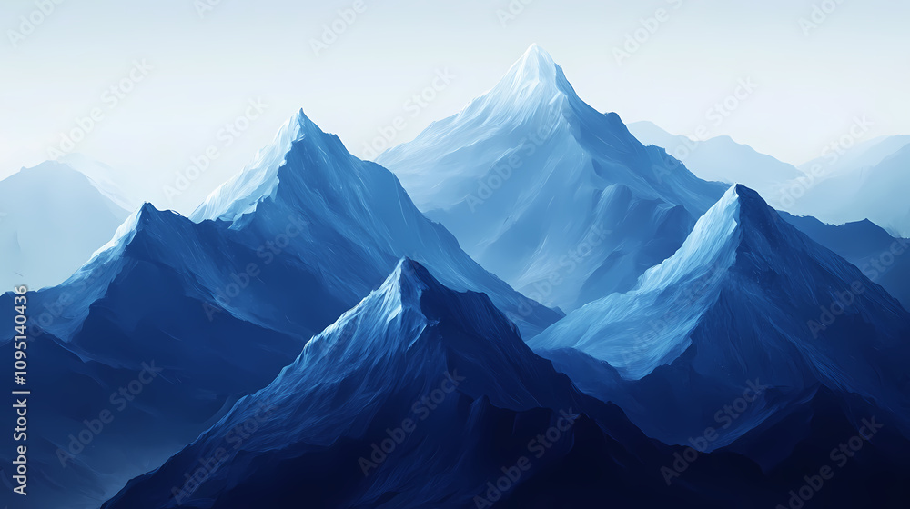 Fototapeta premium Collection of majestic mountain peaks, beautifully rendered in shades of blue, showcasing the serene and powerful essence of nature. Shadowed Mountain Peaks. Illustration