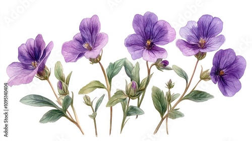 A watercolor illustration of delicate purple flowers with green leaves.