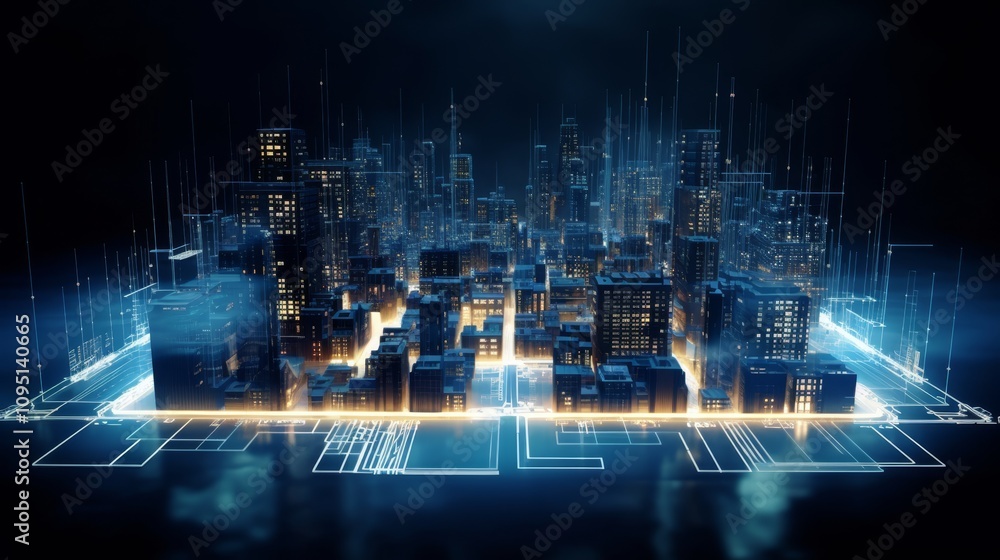 Futuristic cityscape created by glowing particles on a dark blue background, abstract design Futuristic cityscape created by glowing particles on a dark blue background, abstract design