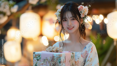 Asian young woman dressed in a soft floral spring costume stands, and holds An ornate gift box, wrapped in pastel colors, photo