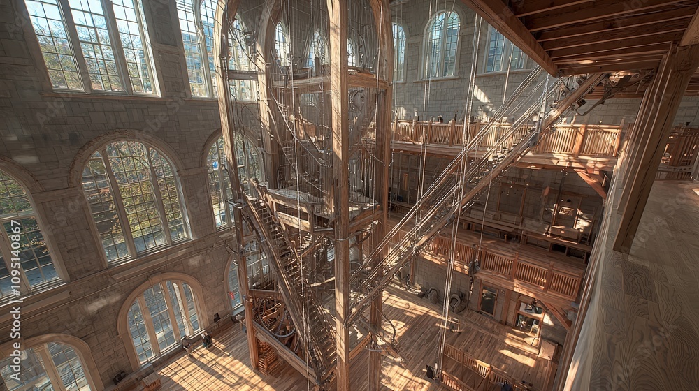 Intricate Wooden Clockwork Mechanism in Historic Building Interior Intricate Wooden Clockwork Mechanism in Historic Building Interior