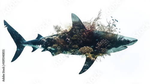 Two sharks swim gracefully through a vivid underwater world filled with colorful coral, diverse fish, and marine life, showcasing the beauty of ocean ecosystems. photo