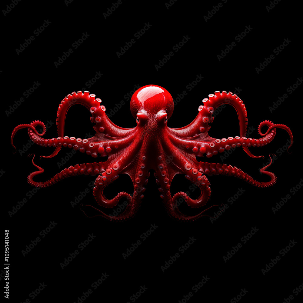 Fototapeta premium Red scary octopus on a black background