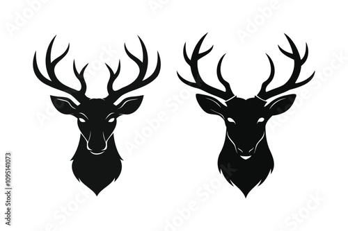 Set of Vector Silhouette Stag Head Black Illustration Art Unique Wildlife Design