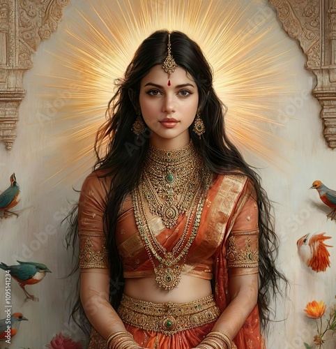 a goddess protector of humankind, sitting on a heaven throne. beautiful dress, similar to the Hindu goddesses. photo