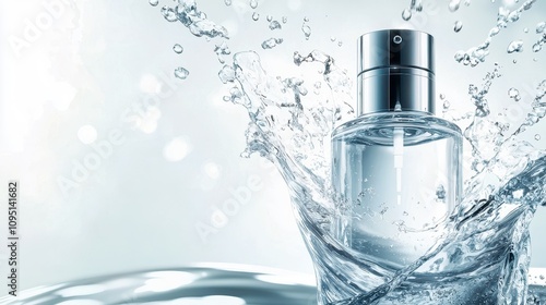 Brightening essence bottle with dynamic water splash effect. photo