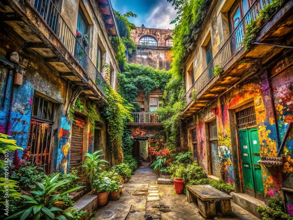 Fototapeta premium Urban Exploration Photography Capturing the Abandoned Charm of Forgotten Spaces in Urban Environments with Vivid Colors and Intriguing Details for Enthusiasts and Adventurers