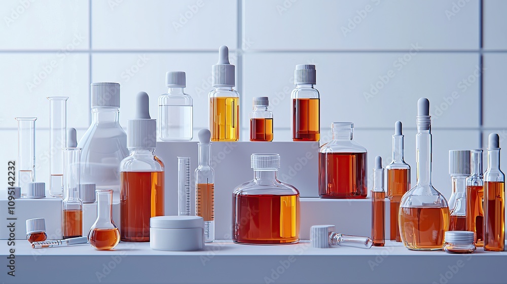 A collection of laboratory glassware and bottles containing orange liquids. A collection of laboratory glassware and bottles containing orange liquids.