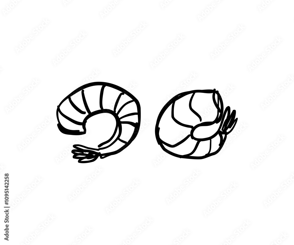 Fototapeta premium Shrimp drawn in doodle style. Cuisine, menu, seafood. Vector illustration for design.