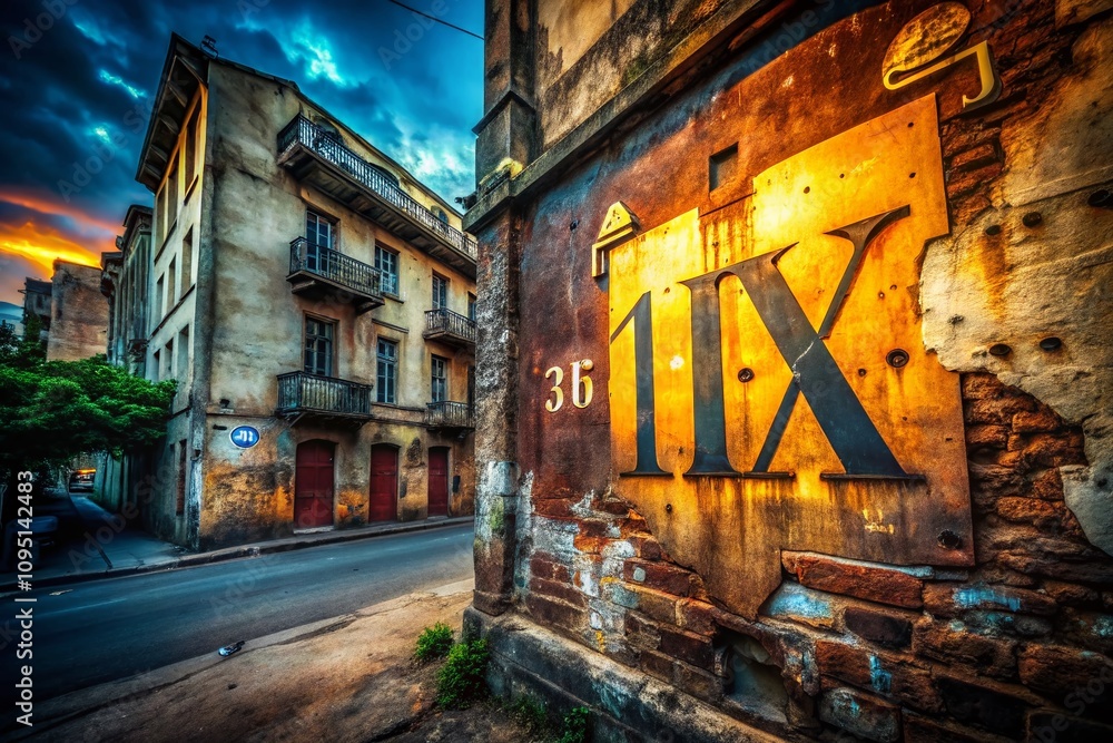 Fototapeta premium Urban Exploration Photography Capturing the Essence of 'IX' in Roman Numerals Against a Gritty Cityscape Backdrop with Creative Lighting and Unique Perspectives