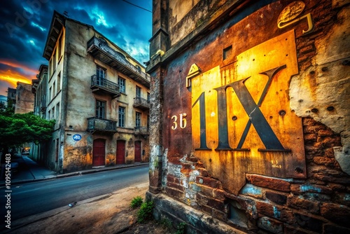 Urban Exploration Photography Capturing the Essence of 'IX' in Roman Numerals Against a Gritty Cityscape Backdrop with Creative Lighting and Unique Perspectives photo