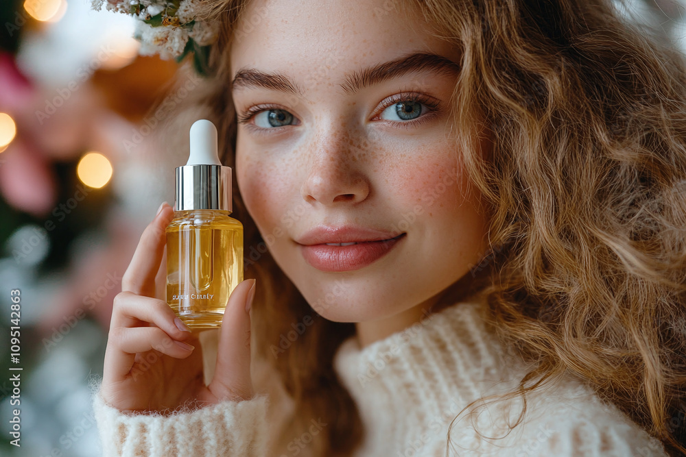 Fototapeta premium Close-up of a young woman holding a bottle of vitamin face serum.