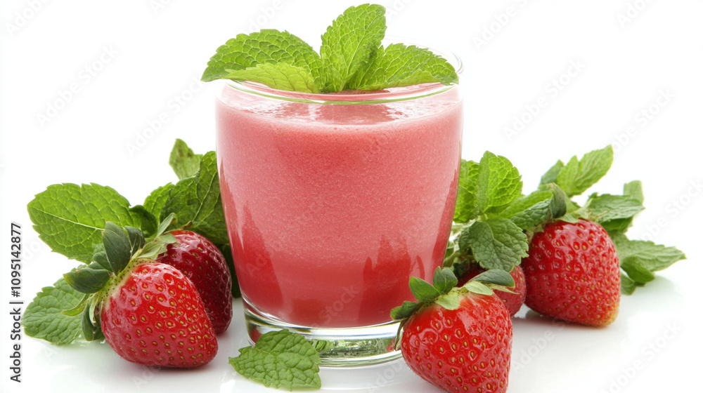 Refreshing Strawberry Smoothie with Fresh Mint Garnish, Healthy Pink Beverage for Summer, Smoothie Concept with Fresh Strawberries Refreshing Strawberry Smoothie with Fresh Mint Garnish, Healthy Pink Beverage for Summer, Smoothie Concept with Fresh Strawberries