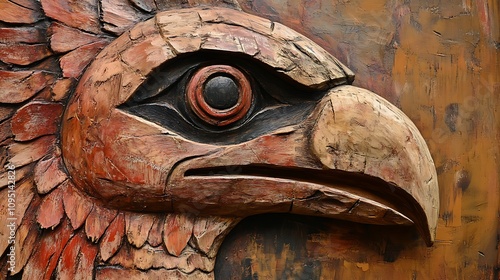 Intricate Wooden Carving of an Eagle's Head in Northwest Coast Indigenous Art Style. AI Generated photo