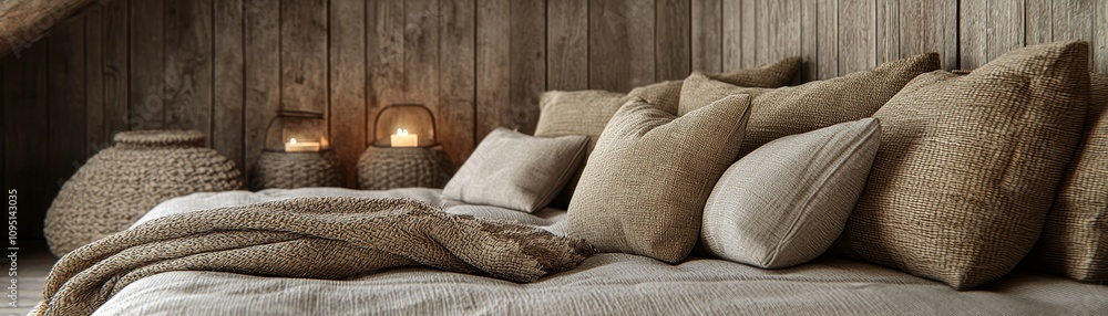 Cozy living room scene with textured pillows and natural decor rustic cabin interior design warm ambiance medium shot comfort and style Cozy living room scene with textured pillows and natural decor rustic cabin interior design warm ambiance medium shot comfort and style