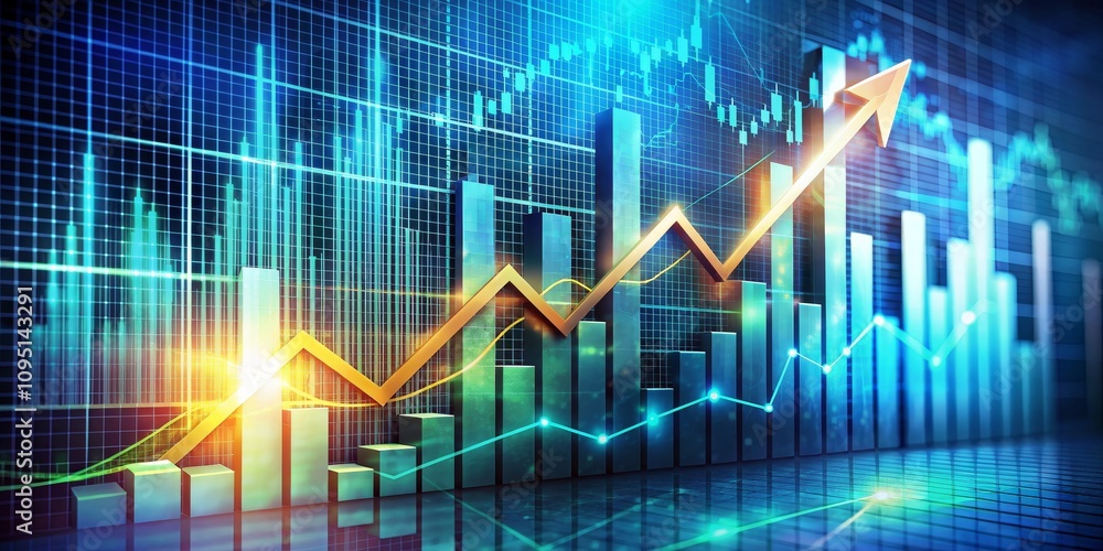 Blue and Gold Upward Trend 3D Bar Graph and Arrow on Grid Background Blue and Gold Upward Trend 3D Bar Graph and Arrow on Grid Background