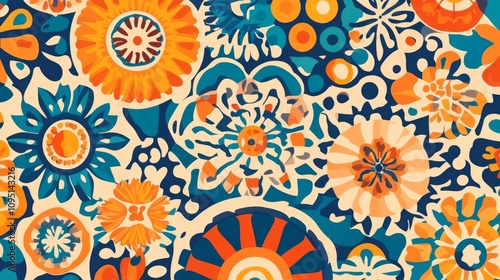 Colorful floral pattern with many different flowers. The flowers are in various sizes and colors. The pattern is very detailed and has a lot of different elements