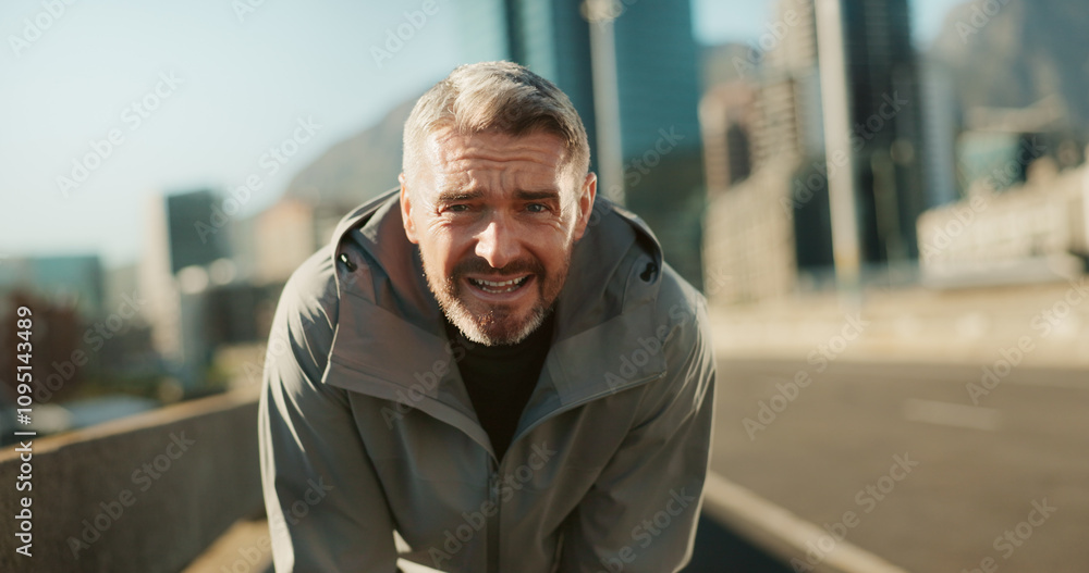 Fototapeta premium Mature man, fitness and portrait on bridge with break for tired, running challenge and marathon training. Breathe, exhausted and male athlete with cardio exercise or workout on city road with fatigue