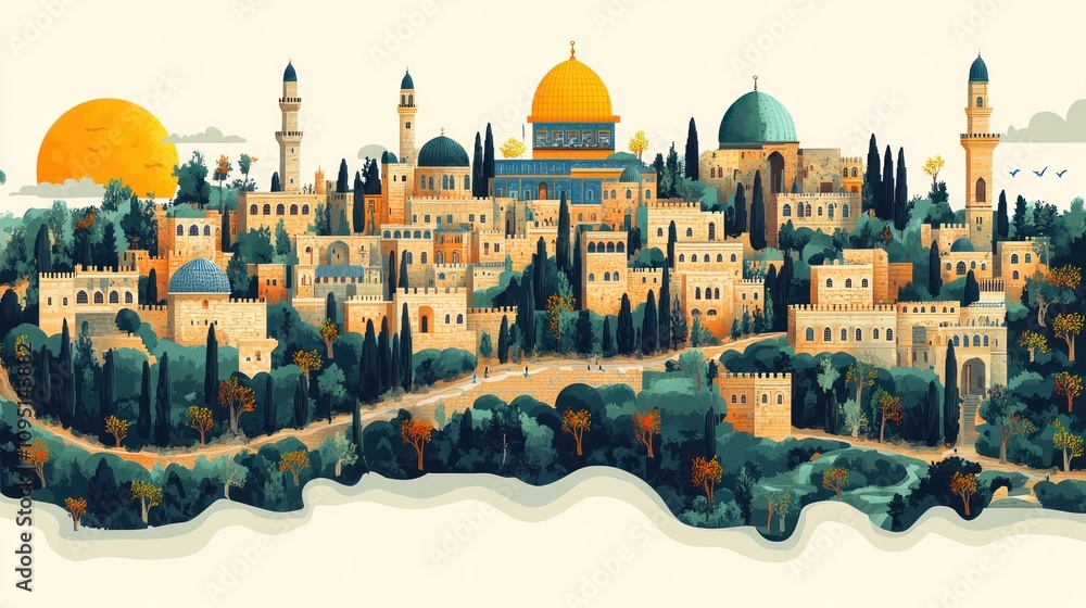 Naklejka premium Golden Dome Cityscape Illustrative Art