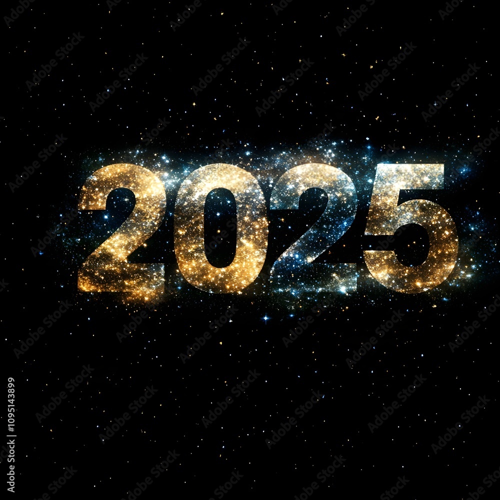 Numbers 2025 composed by stars on a black background. Numbers 2025 composed by stars on a black background.