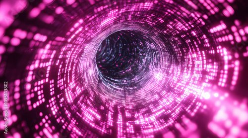 Pink light trails form a swirling tunnel with a black center, surrounded by digital binary code. Neon Tunnel Visions. Illustration