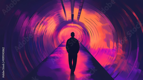 Person in neon tunnel. Neon Tunnel Visions. Illustration