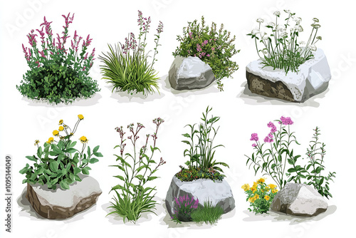 Set of different landscaping plants for decor, variety of species, minimalist vector illustrations.