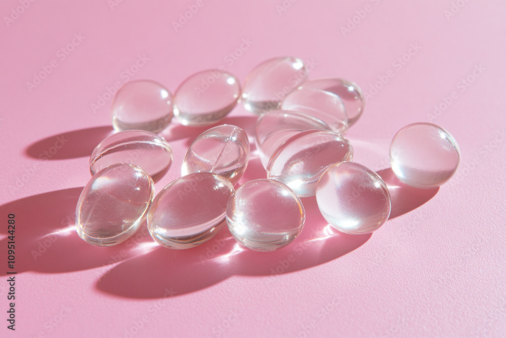 Soft gel capsules on a light pink surface, women vitamins or supplements. Soft gel capsules on a light pink surface, women vitamins or supplements.