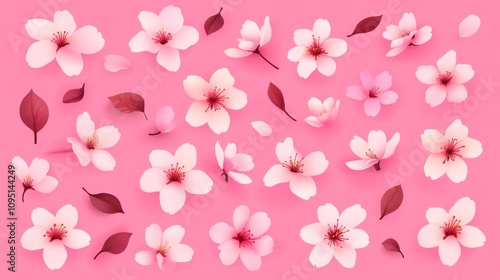 Pink background with many pink flowers and leaves. The flowers are scattered all over the background. The flowers are of different sizes and shapes