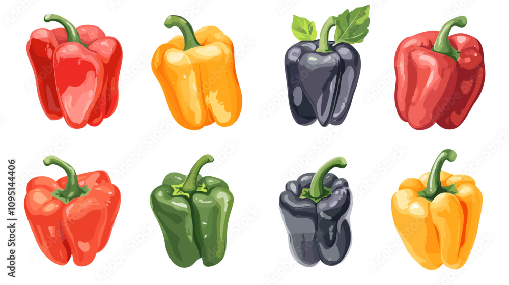 Vector set of various bell peppers Cartoon red green yellow orange sweet paprika fresh organic vegetable for cooking and healthy eating Vector colorful food vegetable illustration on white background Vector set of various bell peppers Cartoon red green yellow orange sweet paprika fresh organic vegetable for cooking and healthy eating Vector colorful food vegetable illustration on white background