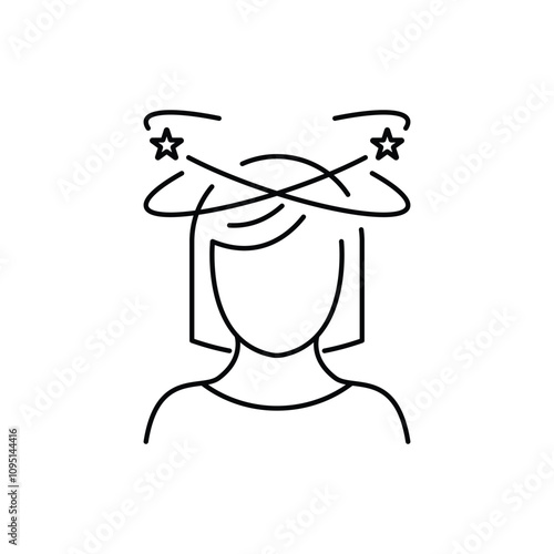 Dizziness, Migraine, Headache, Distracted Head Linear Pictogram. Front View. Woman Feel Dizzy Line Icon. Tired Woman with Nausea Outline Icon. Editable