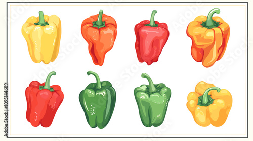 Vector set of various bell peppers Cartoon red green yellow orange sweet paprika fresh organic vegetable for cooking and healthy eating Vector colorful food vegetable illustration on white background