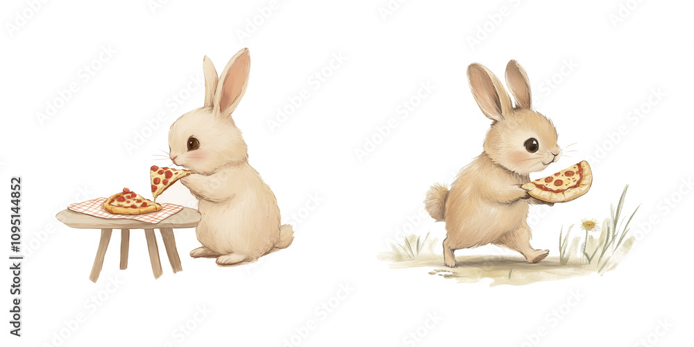 Cute Bunnies Eating and Carrying Pizza in Whimsical Illustration, Playful Rabbit Characters with Pizza in Rustic Setting, Adorable Bunny Duo Enjoying Pizza in Hand-Drawn Style Cute Bunnies Eating and Carrying Pizza in Whimsical Illustration, Playful Rabbit Characters with Pizza in Rustic Setting, Adorable Bunny Duo Enjoying Pizza in Hand-Drawn Style
