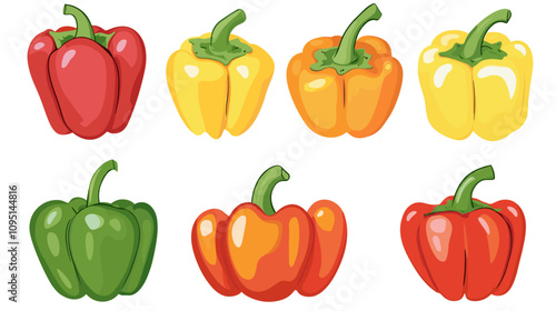 Vector set of various bell peppers Cartoon red green yellow orange sweet paprika fresh organic vegetable for cooking and healthy eating Vector colorful food vegetable illustration on white background