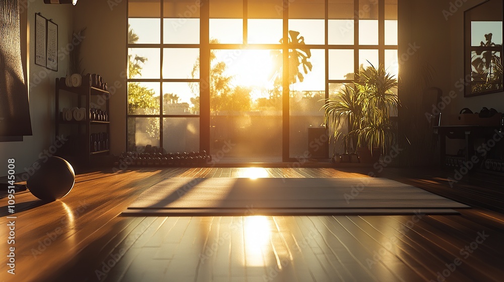 A serene fitness space with sunlight streaming through large windows. A serene fitness space with sunlight streaming through large windows.
