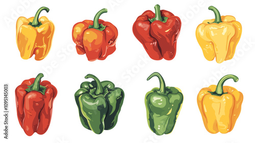 Vector set of various bell peppers Cartoon red green yellow orange sweet paprika fresh organic vegetable for cooking and healthy eating Vector colorful food vegetable illustration on white background