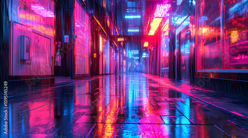 A visually captivating image, showing an illuminated passageway with reflections and neon lights in vivid colors. Neon Tunnel Visions. Illustration photo