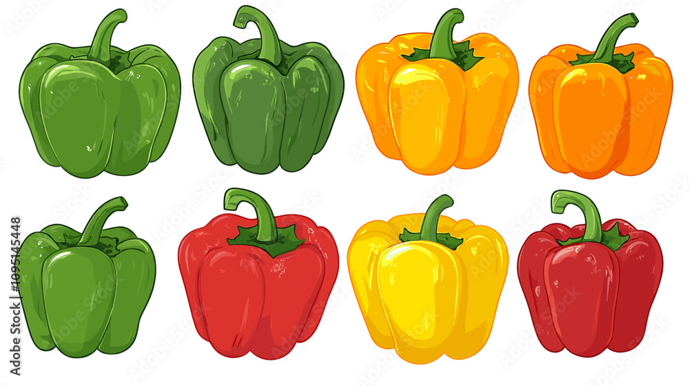 Vector set of various bell peppers Cartoon red green yellow orange sweet paprika fresh organic vegetable for cooking and healthy eating Vector colorful food vegetable illustration on white background Vector set of various bell peppers Cartoon red green yellow orange sweet paprika fresh organic vegetable for cooking and healthy eating Vector colorful food vegetable illustration on white background