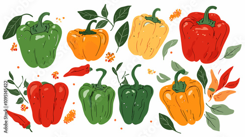 Vector set of various bell peppers Cartoon red green yellow orange sweet paprika fresh organic vegetable for cooking and healthy eating Vector colorful food vegetable illustration on white background