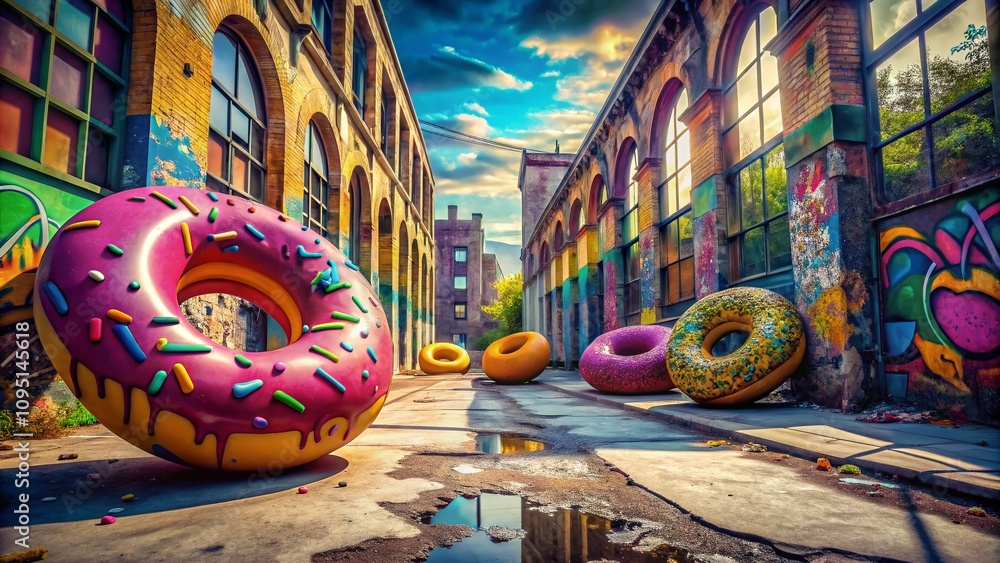 Fototapeta premium Urban Exploration Photography Featuring Whimsical Cartoon Donuts in an Abandoned City Setting with Vibrant Colors and Playful Atmosphere, Perfect for Food and Urban Art Themes