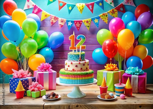 Vibrant 12th Birthday Party Celebration with Colorful Decorations, Cake, and Balloons, Perfect for Capturing Joyful Moments and Creating Lasting Memories for Kids