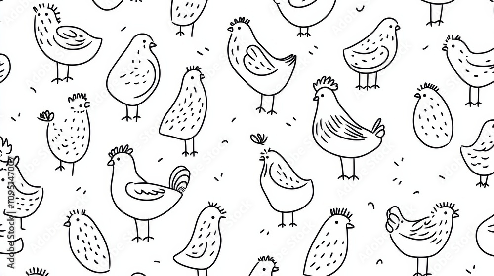 Fototapeta premium Bunch of chickens are drawn in black and white. They are all different sizes and shapes. Some are standing, while others are sitting