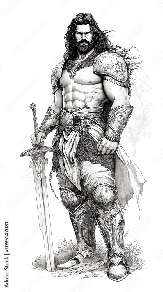 Fototapeta premium Majestic warrior in regal armor wields a sword in a mysterious fantasy setting during twilight