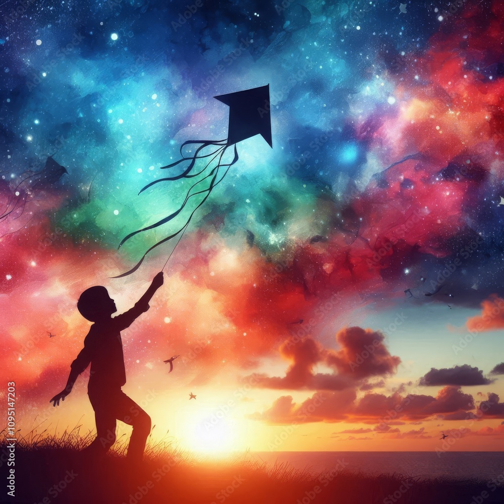 Child Flying Kite in Cosmic Colorful Sky Child Flying Kite in Cosmic Colorful Sky