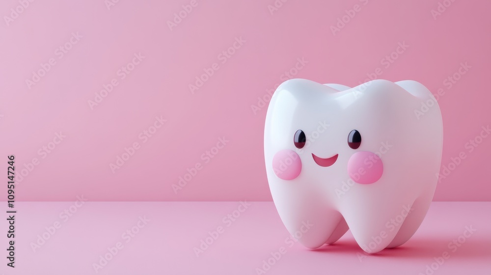 Cute and Friendly Cartoon Tooth Character with Blush Cheeks on a Soft Pink Background, Perfect for Children Dental Hygiene Promotion and Educational Materials Cute and Friendly Cartoon Tooth Character with Blush Cheeks on a Soft Pink Background, Perfect for Children Dental Hygiene Promotion and Educational Materials
