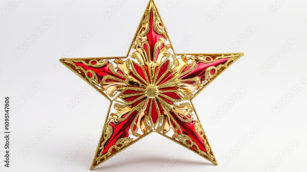 Stunning Close-Up Shot of a Beautiful Red and Gold Star Tree Ornament Showcasing Intricate Designs and Impressive Craftsmanship for Holiday Decor Stunning Close-Up Shot of a Beautiful Red and Gold Star Tree Ornament Showcasing Intricate Designs and Impressive Craftsmanship for Holiday Decor