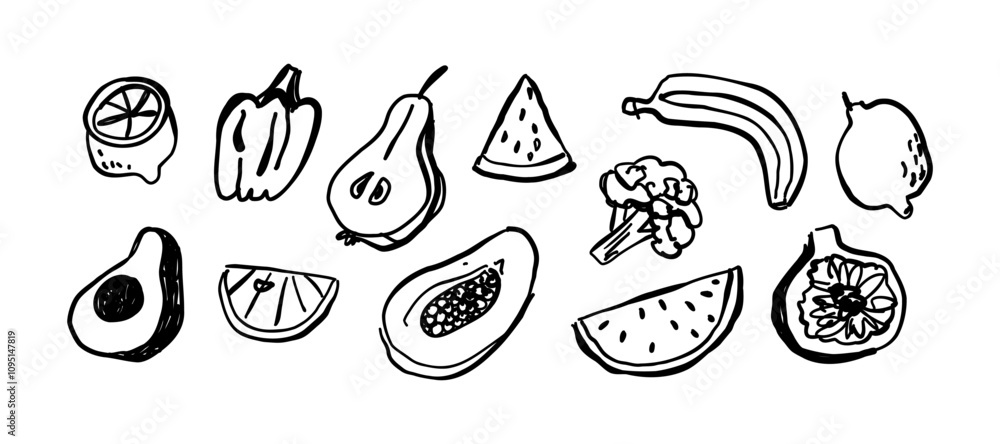 Set with different vegetables and fruits in doodle style. Vector illustration for design. Set with different vegetables and fruits in doodle style. Vector illustration for design.
