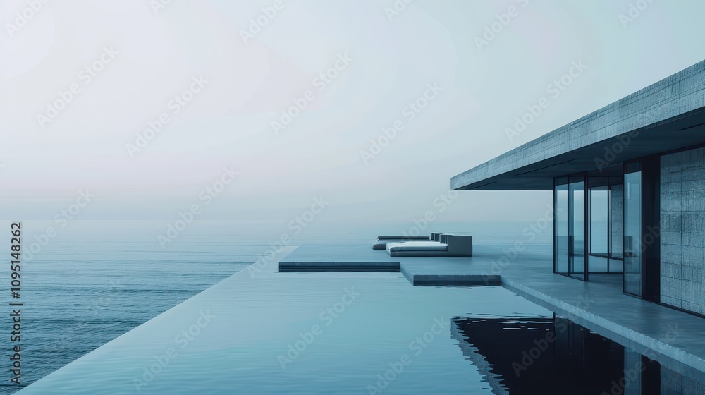 Fototapeta premium Modern Concrete Architecture Overlooking Serene Ocean Waters